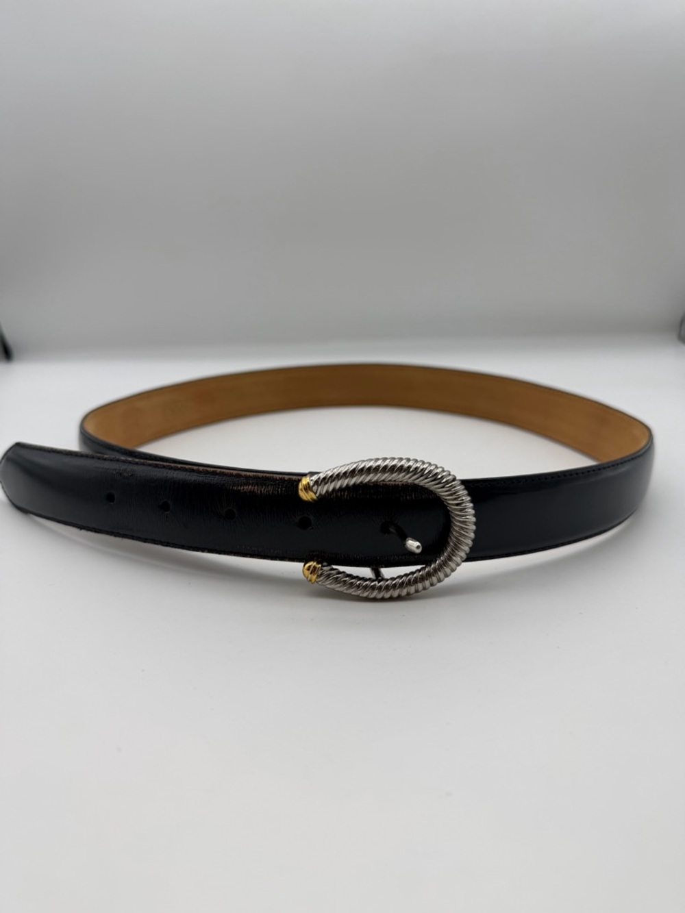 WCM Black Leather Women's Belt with Two Tone Rope Buckle